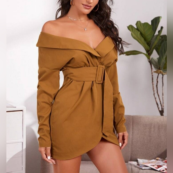 Belted Foldover Off-The-Shoulder Wrap Dress - Picture 3 of 5